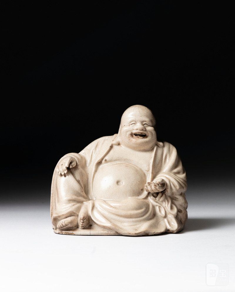 清 白釉布袋和尚坐像 - 图1